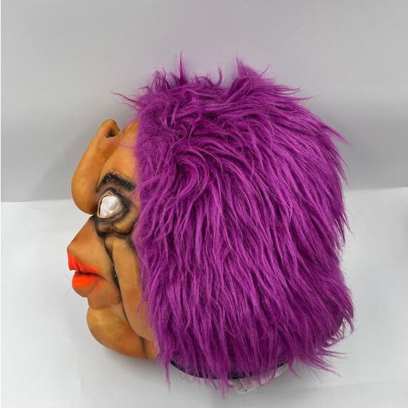 Vintage Scary Upside Down Nose Purple Hair Latex Mask Halloween Costume Creepy - Picture 2 of 8